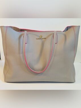 Vince Camuto Beige Leather Tote with Pink Trim Large